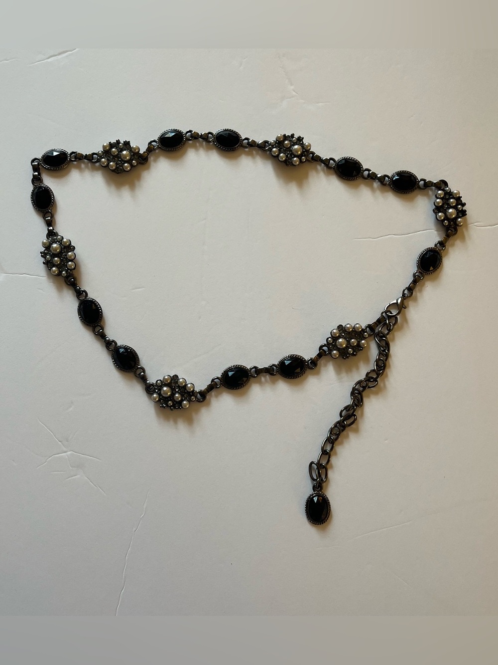 Vintage Whimsigoth Gunmetal Chain Belt Goth Romantic Waist Chain Faux Pearls